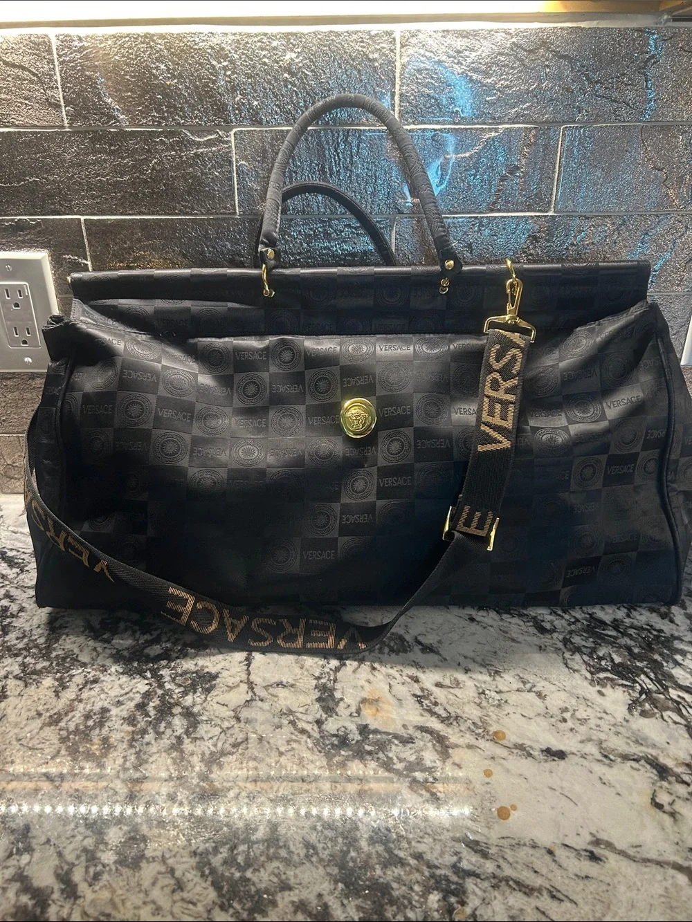 Versace Large Black Logo-Pattern Duffel with Branded Strap